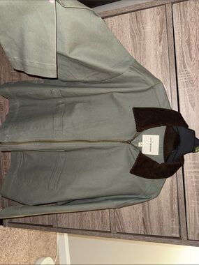 Lucky Brand Olive Green Zip Front Jacket with Brown Corduroy Collar